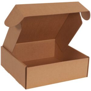 The 12 x 12 x 4 Kraft Deluxe Literature Mailer, part of a convenient bundle of 50, sits open with slightly raised flaps revealing its plain brown corrugated cardboard interior against a white background.