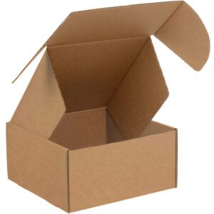 A 12 x 12 x 6 Kraft Deluxe Literature Mailer, made from brown corrugated cardboard, sits open and empty on a white background with extended flaps. Its slightly tilted to showcase its spacious interior and is available in bundles of 50.