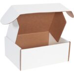 An open MH-USA White Deluxe Literature Mailer, 12 1/8 x 9 1/4 x 5, with folded flaps and a natural brown interior, stands against a plain white background, highlighting its sturdy yet elegant design.