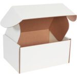 An open MH-USA 12 1/8 x 9 1/4 x 6 White Deluxe Literature Mailer, with flaps extended to show its brown interior, is set against a plain background, highlighting its sturdy and elegant design.
