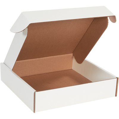 MFL13133.jpg An empty MH-USA 13 x 13 x 3 White Deluxe Literature Mailer with a brown interior and open lid is pictured against a plain background. It comes in a convenient bundle of 50.