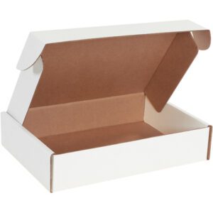 The MH-USA 14 x 10 x 3 White Deluxe Literature Mailers, with an open lid revealing a brown interior, are shown against a plain backdrop. These simple rectangular boxes boast a clean design, ideal for protecting documents. (50 per bundle).