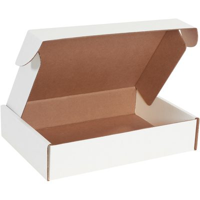 MFL14103.jpg The MH-USA 14 x 10 x 3 White Deluxe Literature Mailers, with an open lid revealing a brown interior, are shown against a plain backdrop. These simple rectangular boxes boast a clean design, ideal for protecting documents. (50 per bundle).