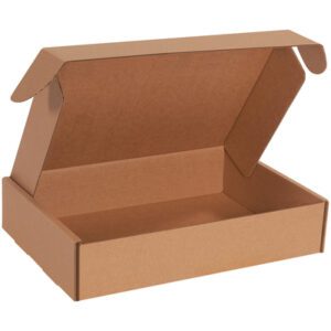 Displayed against a plain white background is the 14 x 10 x 3 Kraft Deluxe Literature Mailer (50/Bundle) with its hinged lid open, showcasing its empty interior.