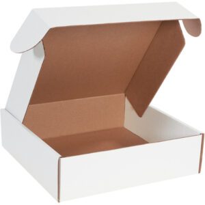 The MH-USA 14 x 14 x 4 White Deluxe Literature Mailers (50/Bundle) feature an open, empty cardboard box with a brown interior and flap lid. Against a plain background, it showcases its cubic structure, ideal for secure shipping and storage.