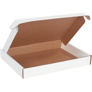 An open, unfilled MH-USA 15 1/8 x 11 1/8 x 2 White Deluxe Literature Mailer with a flat base and side flaps is partially closed, showing a brown interior contrasting with its white exterior. It rests on a white background. (50/Bundle).
