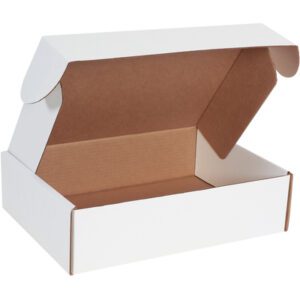 A white MH-USA Deluxe Literature Mailer, 15 1/8 x 11 1/8 x 4, with a brown interior, stands open at an angle against a plain white background. The flaps are partly open, emphasizing its emptiness. (50/Bundle).