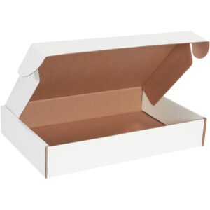 An open, empty MH-USA 17 1/8 x 11 1/8 x 3 White Deluxe Literature Mailer features a brown interior and folded top flaps on a plain backdrop, showcasing its ample storage space for organizing materials, sold in bundles of 50.