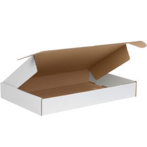 A white cardboard box with brown interior, folded lid, and side flaps resembles the MH-USA 18 x 12 x 2 White Deluxe Literature Mailers (50/Bundle).