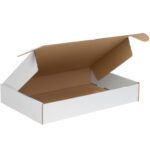 An open, empty MH-USA 18 x 12 x 3 White Deluxe Literature Mailer with a brown interior, flat lid, and side flaps rests on a plain, neutral background.