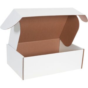 The MH-USA 18 x 12 x 6 White Deluxe Literature Mailer from a 25/Bundle set stands open, showcasing its brown interior and raised lid flaps against a plain white background. Pristine and empty, its ready for use.