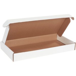 The open white cardboard box, similar to the MH-USA 19 1/8 x 9 1/8 x 2 3/16 White Deluxe Literature Mailers, has a brown interior. Positioned on a plain background, its open lid showcases plenty of space perfect for smooth storage or shipping.