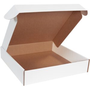 The MH-USA 20 x 20 x 4 White Deluxe Literature Mailers, seen at an angle, showcase a brown interior and partially open lid, highlighting the empty space inside while retaining a classic bundle appearance.