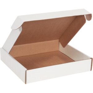 An angled MH-USA 11 3/4 x 10 3/4 x 2 1/4 cardboard pizza box with a white exterior and brown interior reveals its inside and lid. Part of the White Deluxe Literature Mailers (50/Bundle), it sits empty against a plain background.