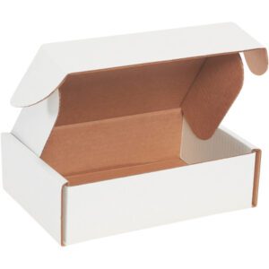 The MH-USA 9 x 6 1/2 x 2 3/4 White Deluxe Literature Mailer (50/bundle) is on a white background with an open view showing the brown interior, ideal for all your mailing needs.