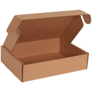 An open 9 x 6 1/4 x 3 Kraft Deluxe Literature Mailer displays outward-angled flaps and an empty interior against a white background, available in bundles of 50 for your mailing needs.