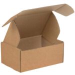 An open Kraft Deluxe Literature Mailer, measuring 9 x 6 1/4 x 4, reveals its empty interior within a bundle of 50, showcasing durability and versatility.