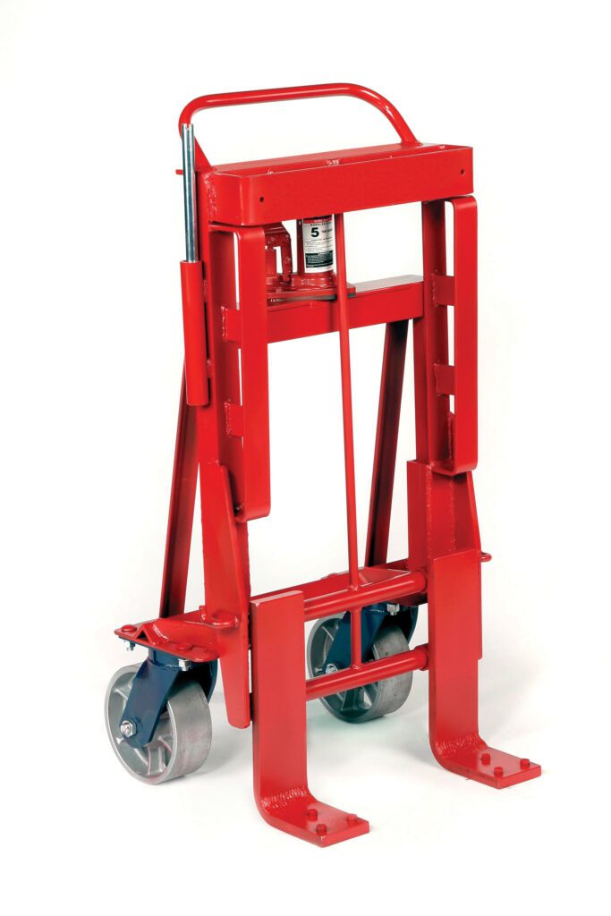 The Vestil Vend. Machine-Furn. Movers, with a 10,000 lb capacity, includes a hydraulic lift, two sturdy wheels, a top handle, and an extended base for stability—perfect for moving heavy objects.