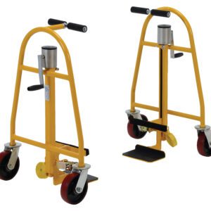 Two yellow Vestil Vend. Machine & Crate Movers Mech. 1.3K with black handles and red casters are shown in different angles. Each has a metal frame and foot pedal for lifting heavy loads, embodying precision.