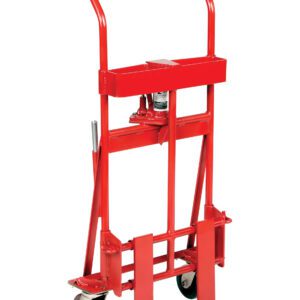 The Vestil Vend. Machine-Furn. Movers 2000 Lb Cap is a red manual hydraulic lift with two wheels and a handle, ideal for transporting heavy items. Its jack mechanism and sturdy metal frame ensure stability and ease of use.