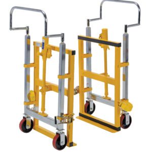 The Vestil Vend. Machine & Crate Movers Hyd. 4K are robust hand trucks with a yellow finish, red wheels, and silver handles. Featuring a hydraulic lift mechanism and rubber grips, these durable metal movers are ideal for machine and crate moving in industrial settings.