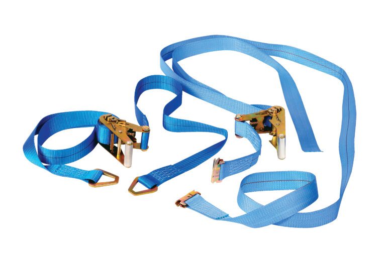 Two blue straps, similar to the Vestil Machinery Lift-Optional 12 Ft Belt, have gold metal ratchet mechanisms and hooks. The loose coils reveal one hook facing up while another lies flat on a white background.