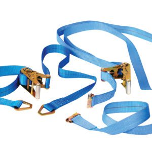 Two blue straps, similar to the Vestil Machinery Lift-Optional 12 Ft Belt, have gold metal ratchet mechanisms and hooks. The loose coils reveal one hook facing up while another lies flat on a white background.