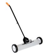 A manual push lawn sweeper with a sleek black and orange handle, two white wheels, and a wide rectangular base for debris collection is as efficient for effortless cleanup as the Vestil Magnetic Sweeper Handle Release 24 In.