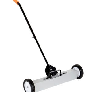 A manual push lawn sweeper with a sleek black and orange handle, two white wheels, and a wide rectangular base for debris collection is as efficient for effortless cleanup as the Vestil Magnetic Sweeper Handle Release 24 In.