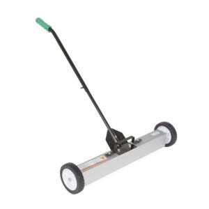 Meet the Vestil Magnetic Sweeper Handle Release 30 In, designed with a sleek silver metal base, efficient black wheels for easy debris collection, and a green grip for comfort. The 30-inch handle includes an easy-release feature, perfect for maintaining a tidy and safe workspace.