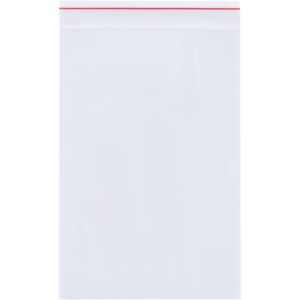 The 13 x 18 - 2 Mil Minigrip® Reclosable Poly Bags feature a secure red zipper seal, are transparent, and come in cases of 1000, ideal for versatile storage.