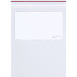 A 4 x 6 - 2 Mil Minigrip® White Block Reclosable Poly Bag with a red zipper and white label, lying flat with the label on top for easy organization. Ideal for bulk use, these come as 1000 bags per case.