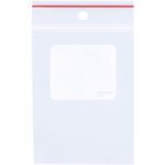 The 3 x 5 - 4 Mil Minigrip® White Block Reclosable Poly Bags feature clear plastic with a white label area, red zip seal, and hang hole. Ideal for storing small items, these durable bags come in cases of 1000 for versatile storage solutions.