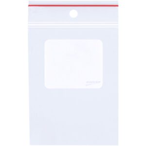 The 4 x 6 Minigrip® White Block Reclosable Poly Bags feature a clear poly design, red sealing strip, hang holes, and a centered white label area. Made with durable 4 Mil thickness, they come in cases of 1000 for versatile storage needs.