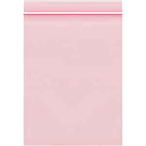 The MH-USA 9 x 12 - 4 Mil Minigrip Anti-Static Reclosable Poly Bag (500/Case) features a shiny, smooth pink surface. Its slightly translucent material allows light to pass through subtly, and the visible zip seal ensures a secure closure.