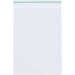The 9 x 12 Minigrip GreenLine™ biodegradable bags, with a green sealing strip and made from 2 Mil transparent plastic, are displayed on a white background. These eco-friendly ziplock bags come in cases of 1000, ideal for sustainable storage solutions.