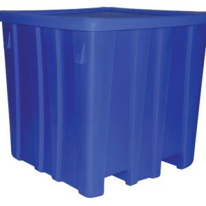 The Vestil Bulk Container Blue, 33-inch in height, is a spacious plastic storage bin with vertical ridges for extra structure. Its square design suits versatile storage needs, while the secure lid ensures your items stay safely contained.