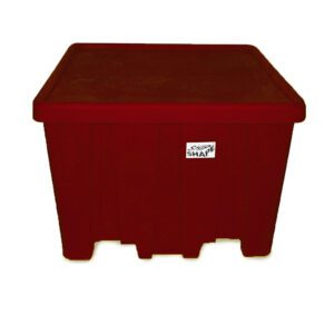 The Vestil Bulk Container in red is 33 inches tall, made of plastic, has a SHAP label on the side, features a simple rectangular design, and is set against a plain white background.