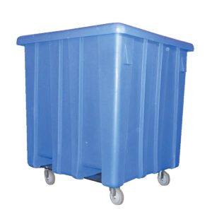 The Vestil Bulk Container W/Casters Blue 51.5 In is a spacious blue plastic bin with vertical ridges and a secure lid, supported by four gray wheels, all set against a white background.