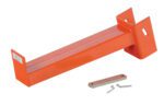 The Vestil Medium Cantilever Incline Arm 12 In is a durable orange bracket with a U-shaped design featuring two square holes on one side. It includes a flat rectangular metal piece and two L-shaped metal pins, all set against a white background.