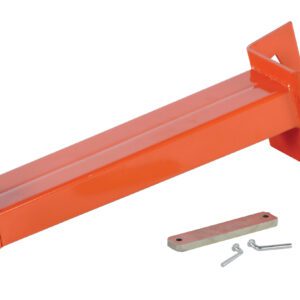 The Vestil Medium Cantilever Incline Arm 30 In has an orange steel bracket, a rectangular hollow arm, and side supports for secure mounting. It includes a small metal strip and two cotter pins for additional security.