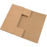 A 15 x 11 1/8 x 2 Kraft Easy-Fold Mailer, featuring scored lines for a central pocket, is sold in bundles of 50.