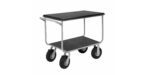 The Little Giant Mobile Instrument Cart is a gray, rectangular cart with two black platforms, four wheels, and a handlebar for easy transport. Its sturdy metal frame ensures durability and smooth movement.