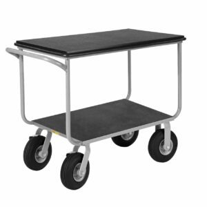 The Little Giant Mobile Instrument Cart is a gray, rectangular cart with two black platforms, four wheels, and a handlebar for easy transport. Its sturdy metal frame ensures durability and smooth movement.