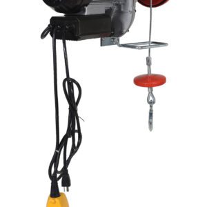 Discover the Vestil Mini Cable Hoist, boasting a 1000 lb capacity and a durable red and silver motor housing. It features a strong steel cable with an orange hook and a yellow controller equipped with intuitive red and white controls for easy operation.