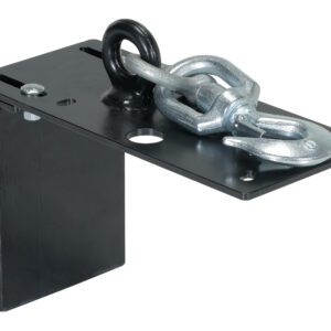 The Vestil Swivel Hook Plate for Mini Cable Hoist 880Lb includes a black metal bracket with a silver swivel clasp and hook. Its rectangular base with multiple holes ensures secure mounting and versatility.