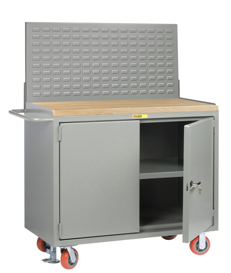 The Little Giant Mobile Bench Cabinets with Locking Doors includes a gray workbench with a wooden top, perforated panels, two lower cabinets (one slightly open), four red caster wheels, and a metal side handle, blending style and functionality.