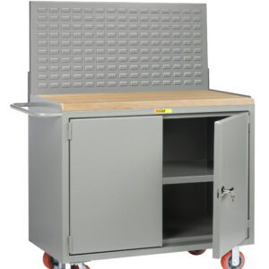 The Little Giant Mobile Bench Cabinets with Locking Doors includes a gray workbench with a wooden top, perforated panels, two lower cabinets (one slightly open), four red caster wheels, and a metal side handle, blending style and functionality.