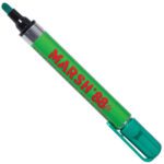 The Green Marsh® 88fx metal paint marker features a round tip and bold red labeling, with a matching cap securely attached. Available in a case of 12, it ensures precise and durable marking.