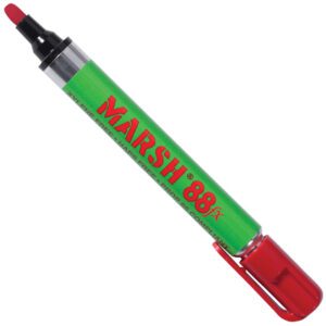 The Red Marsh® 88fx Metal Paint Marker has a green body, distinct red cap and tip, and bold red label. Its secure cap attaches to the end for longevity and ease of use. Packaged as 12 per case.